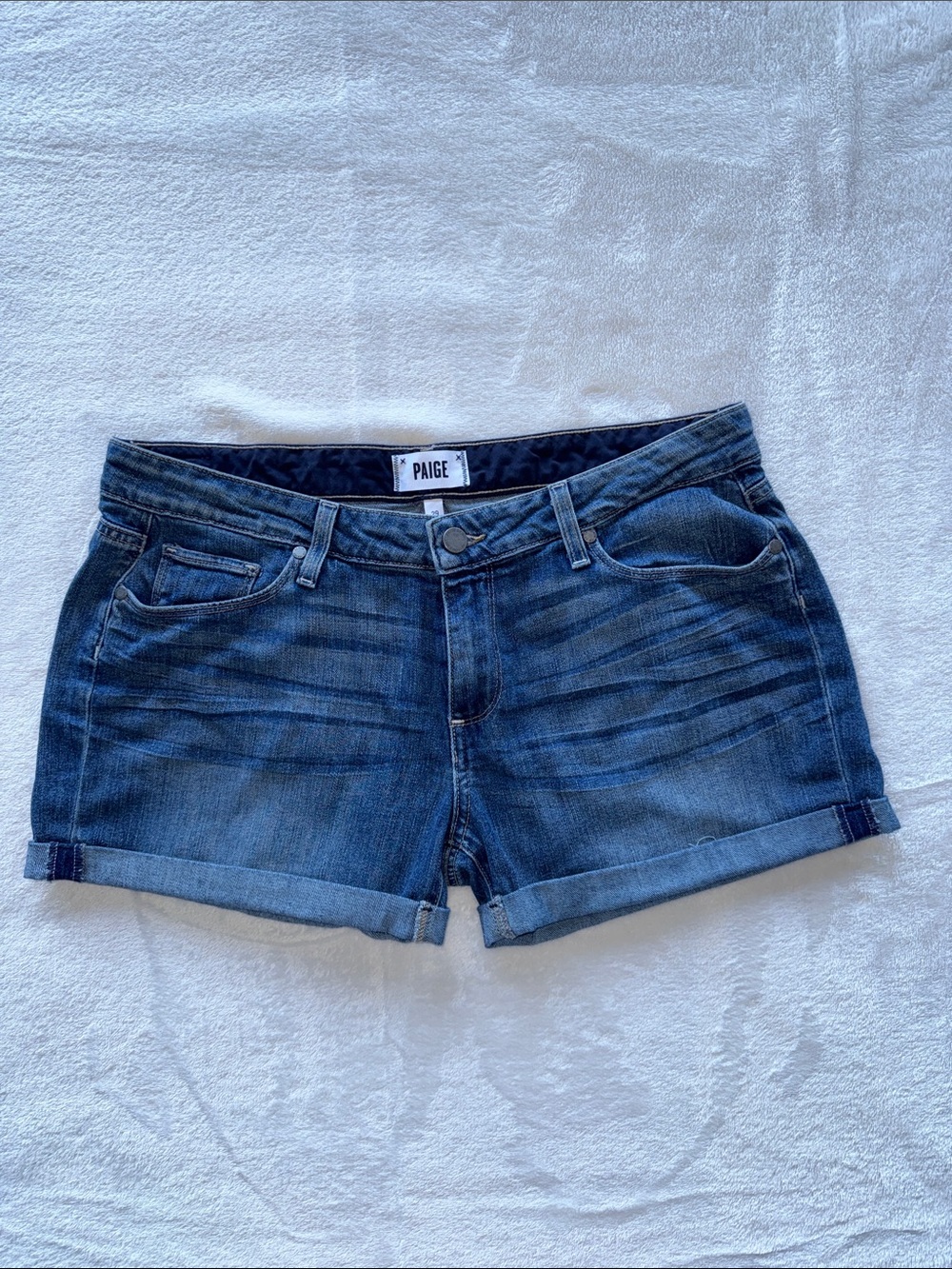 PAIGE Jimmy Jimmy Dark Blue Denim Cuffed Jean Shorts Distressed Classic